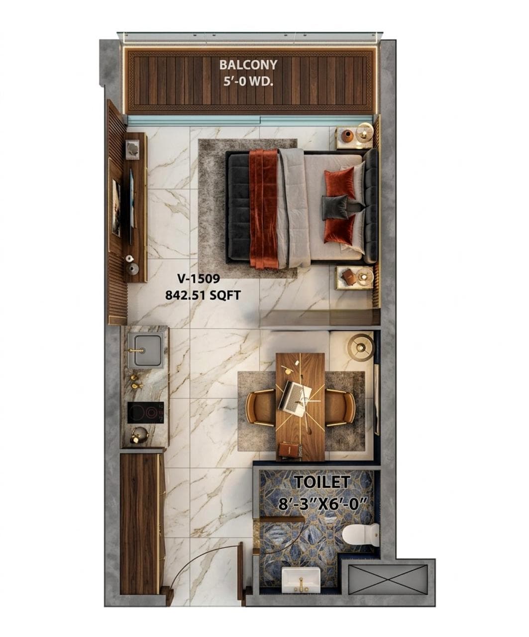 Studio apartment floor plan โ 842.51 sqft